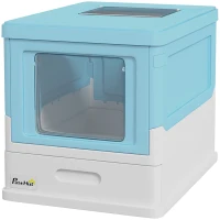 PawHut Litteră pentru Pisici Închisă cu Lopățică, Tavă Retractabilă și 2 Uși, 47.5x35.5x36.7cm, Albastră(m-12)