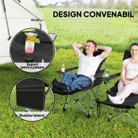 Outsunny Set 2 Scaune de Camping Pliabile cu Suport pentru Picioare Detașabil și Suport pentru pahare, 82x50/100x88 cm, Negru(m-5)