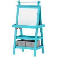 AIYAPLAY Tablă pentru Copii cu Șevalet 3 în 1, Rolă de Hârtie și 2 Containere, din Lemn, 59x48x118 cm, Albastru(m-12)