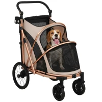 PawHut Hundewagen Faltbar Hundebuggy für Hunde bis 20 kg mit 360°Drehrädern Netzfenster Kissen Verstellbarer Griff Hellbraun(m-12)