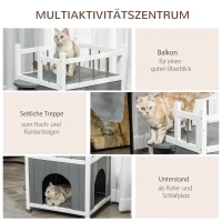 PawHut Katzenhaus mit Balkon Katzenhütte Lodge Outdoor Winterfest Massivholz Grau+Weiß 60 x 46 x 65 cm(m-5)