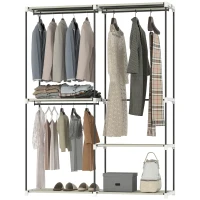 HOMCOM Armário de Roupa Aberto 142x43x185 cm Armário para Roupas com 4 Prateleiras de Tecido 3 Barras para Pendurar Creme(m-11)