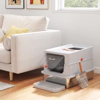 PawHut Bac à Litière pour Chat Maison de Toilette en Acier Inox Bord 40cm Anti-Fuite Couvercle Anti-Odeur 60x40x40cm Gris Clair(m-2)