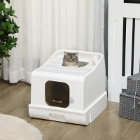 PawHut Maison de toilette pour chat 2 portes avec pelle et bac amovible - roulettes et poignée - PE blanc(m-10)