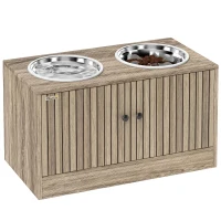 PawHut Hundefutterstation mit 2 Edelstahl-Näpfen, Schrank für Utensilien, für große Hunde, Zubehör, Braun(m-12)