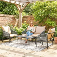 Outsunny Gartenmöbel Set 4-teilig Polyrattan Lounge-Set mit Zweisitzer 2 Sessel Couchtisch abnehmbar Kissen Bindebändern(m-12)
