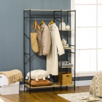 HOMCOM Suporte para Cabides Cabideiro de Madeira com 4 Prateleiras de Arrumação e Barra de Pendurar 100x46x170,5cm Madeira e Preto(m-10)