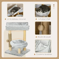 PawHut Abre à chat avec griffoir 1 niche supérieure avec coussin lavable 1 niche ronde peluche hauteur 60 cm gris(m-5)