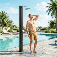 Outsunny Solardusche 60L Gartendusche mit schwenkbarem Regenduschkopf Wasserhahn, einstellbarer Temperatur(m-10)