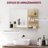 Kleankin Espelho de Parede para Casa de Banho com 2 Prateleiras Laterais e Prateleira Inferior 75x10x48 cm Madeira Natural(m-4)