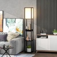 HOMCOM Stehlampe mit 3-stufigem Regal, Fußschalter, USB-Anschlüssen, MDF, Schwarz(m-10)