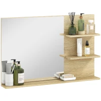 kleankin Oglindă Baie Modernă cu 2 Rafturi Laterale și Raft Inferior, din Lemn și Sticlă, 75 x 10 x 48 cm, Culoare Lemn(m-9)