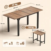 HOMCOM Set masă dining masă extensibilă 120-160 cm și 6 scaune, picioare din oțel, PAL, living, bucătărie, maro si negru(m-3)