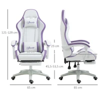 Vinsetto Cadeira Gaming de Couro PU com Altura Ajustável Reclinável 135° e Apoio para os Pés Retrátil 65x65x121-129 cm Branco e Roxo(m-3)