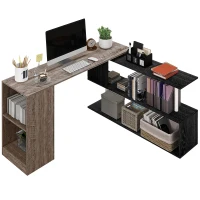 HOMCOM Birou de colț compact cu raft în formă de S, din lemn, 140x120x78 cm, gri cu aspect de lemn(m-11)