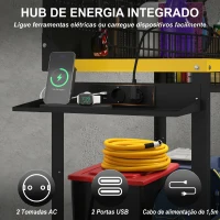 HOMCOM Bancada de Trabalho com Painel Perfurado, Tomadas, Luz LED e Rodas, Preto e Amarelo(m-6)