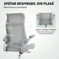 HOMCOM Scaun de Birou Ergonomic cu Brațe Reglabile, Spătar din Plasă și Tetieră, Gri(m-5)