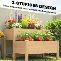 Outsunny Hochbeet 2-stufig erhöhter Pflanzkasten mit Vliesstoff Abflussloch, Holz 119,5 x 102 x 76,5 cm Hellbraun(m-4)