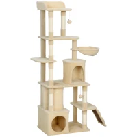 PawHut Arranhador para Gatos Grande com 7 Postes 1 Túnel 3 Plataformas 2 Cavernas 1 Rede 1 Poleiro 1 Rampa Pompons 60x40x170 cm Bege(m-11)