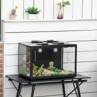 PawHut Terrarium en verre - vivarium reptiles & batraciens - habitat tortue - couvercle grillagé 2 parties amovibles - distributeur eau, thermomètre, pincette, 2 douilles inclus - ABS acrylique noir(m-2)