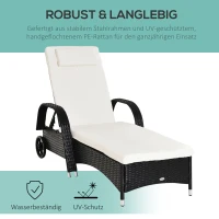 Outsunny Gartenliege mit Auflage, verstellbare Rückenlehne, Metallgestell, Polyrattan, schwarz+creme, 200 x 73 x 103 cm(m-4)