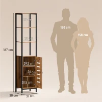 kleankin Dulap Baie Înalt și Îngust, Dulăpior Economisitor cu Uși Tip Jaluzea, 3 Rafturi Deschise, Maro Rustic(m-3)