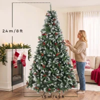HOMCOM Brad Artificial Înnăzăpezit 240 cm cu 1773 vârfuri boabe roșii conuri bază pliabilă din oțel montaj rapid verde(m-3)
