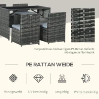 Outsunny Gartenmöbelset für 4 Personen, 4 Stühle & 1 Tisch, inkl. Sitzauflagen, Polyrattan, rostfreier Stahlrahmen, Grau(m-4)
