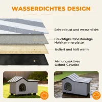 PawHut Katzenhaus Wasserabweisend Katzenhütte mit Abnehmbar Satteldach Wärmeisolierung Plattform 70x43x45 cm Oxforfstoff Grau(m-5)