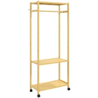 HOMCOM Suport de haine din bambus, cu bară, rafturi și 4 roți, 70x35x175 cm, lemn natural(m-1)