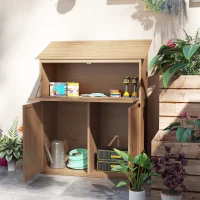 Outsunny Garten-Aufbewahrungsschrank mit ausklappbarem Tisch, Werkzeugschrank mit Dach, 110 x 54 x 136 cm, Tannenholz, Braun(m-9)