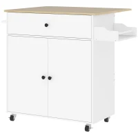 HOMCOM Insulă de Bucătărie cu Sertar, Dulap, Suport pentru Condimente și Prosoape, 106x42x87 cm, Alb și Stejar(m-1)