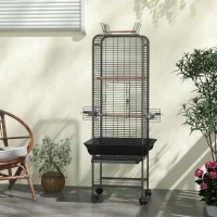 PawHut Gaiola para Pássaros com Rodas Poleiros Comedouros Prateleira e Bandeja Amovível 62,5x62,5x146 cm Cinza Escuro(m-9)
