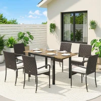 Outsunny Conjunto de Mesa e Cadeiras de Jardim em Vime 7 Peças com Mesa Extensível em Madeira e 6 Cadeiras Empilháveis Creme(m-10)