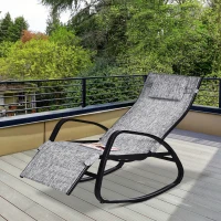 Outsunny Schaukelstuhl mit verstellbarer Rückenlehne und Fußstütze, Schaukelliege mit Kopfkissen, Gartenliege, Schwungliege, Texteline, Grau, 64 x 94 x 108 cm(m-10)