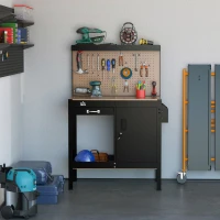 HOMCOM Bancada de Trabalho 98,5x48x140 cm Mesa de Trabalho com Painel Perfurado Gaveta Prateleira e Armário com Fechadura Preto(m-10)