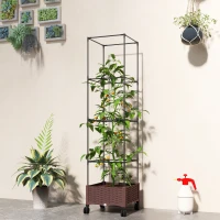 Outsunny Floreira com Treliça e Rodas com Drenagem para Cultivo de Vegetais Flores e Ervas Aromáticas 40x40x165 cm Castanho(m-10)