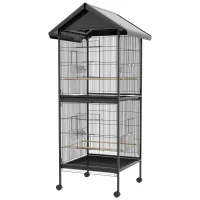 PawHut Volieră pentru Păsări pe Roți cu Tăvițe Detașabile din Plastic și Stinghii, Colivie pentru Canari din Metal, 168 cm, Negru(m-12)