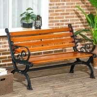 Outsunny Sitzbank für 2 Personen, dekorative Armlehnen, für Garten & Terrasse, Gussaluminium+Naturholz, 120 x 64 x 79 cm, Teak(m-10)