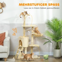 PawHut Kratzbaum Katzenbaum mit Höhle, 4 Spielzeuge, Sisalstämme, große Plattform, Treppe, für Katzen unter 5 kg, Beige(m-4)