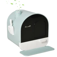 PawHut Caixa de Areia para Gatos Caixa de Areia Fechada para Gatos com Porta Dianteira Bandeja Removível Pá Tapete e Filtro 43x44x47cm Verde(m-1)