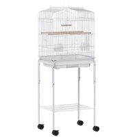 PawHut Gaiola para Pássaros com Rodas Prateleira Portas 2 Comedouros 2 Poleiros Baloiço Bandeja Removível 46,5x36x124 cm Branco(m-1)