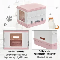 PawHut Caja de Arena para Gatos Plegable Arenero Portátil Aseo Quita Mal Olor con Manija Puerta Orificio de Ventilación Bandeja Material ABS 54x43x42 cm Blanco y Rosa(m-6)