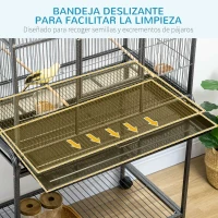 PawHut Jaula para Pájaros con Ruedas Pajarera Metálica con Perchas Comederos y Estante 81x48x162,5 cm Negro y Gris(m-4)