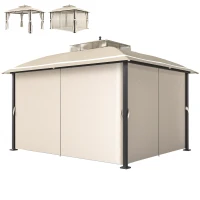 Outsunny Pérgola de Jardim 370x303x290 cm com Telhado Duplo Cortinas Laterais e Mosquiteiras Resistente à Água e Anti-UV Bege(m-11)