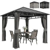 Outsunny Pavillon 3 x 3 m Wasserdicht Stabil Winterfest Gartenpavillon mit Seitenteile, Netze, Haken Hardtop Dunkelgrau(m-12)