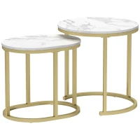 HOMCOM Set de 2 mese de cafea cu blat cu efect de marmură, din lemn și oțel, Ø50x50,5 cm și 60x36x43,5 cm, Alb(m-1)
