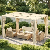 Outsunny Pérgola de Jardim 385x295x225 cm com Teto Ondulado 4 Cortinas Removíveis Proteção UPF50+ e Estrutura de Aço Bege(m-8)