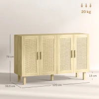 HOMCOM Aparador de Sala de Estar com 4 Portas com Rede em Vime e Prateleiras Ajustáveis Aparador para Cozinha 120x39,5x76 cm Madeira(m-4)