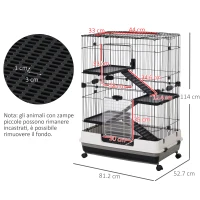 PawHut Gabbia a 3 Piani in Metallo con Vassoio per Roditori, Conigli e Furetti con 4 Ruote, 81.2x52.7x114cm, Nera(m-3)